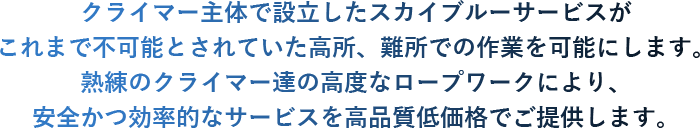 クライマー主体で設立したスカイブルーサービスがこれまで不可能とされていた高所、難所での作業を可能にします。熟練のクライマー達の高度なロープワークにより、安全かつ効率的なサービスを高品質低価格でご提供します。