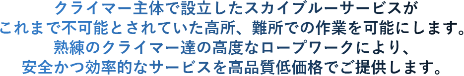 クライマー主体で設立したスカイブルーサービスがこれまで不可能とされていた高所、難所での作業を可能にします。熟練のクライマー達の高度なロープワークにより、安全かつ効率的なサービスを高品質低価格でご提供します。